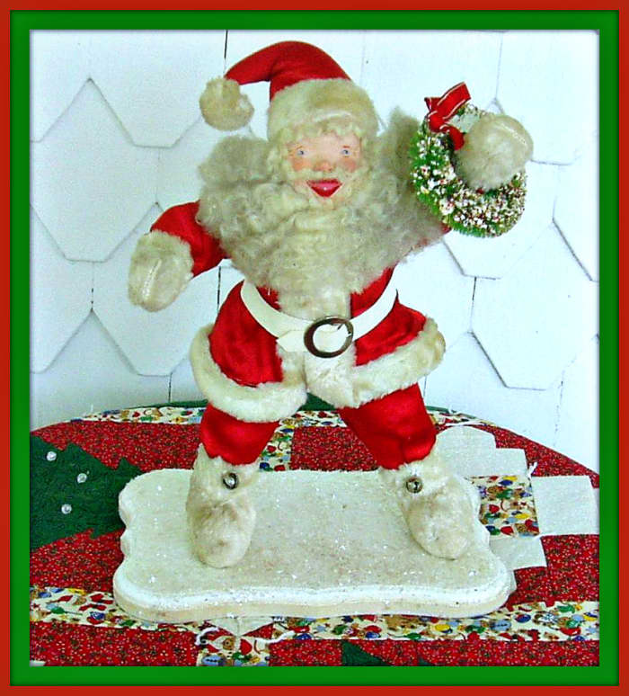 lBonnie Groves latest Howard Gale Santa. Dressed in Satin not velvet. All original. Bonnie made the stand. He had lost his.