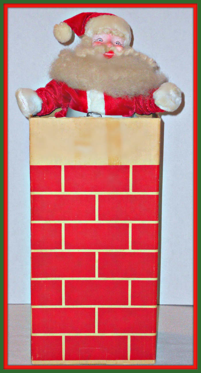 For Xmas 1963 Red Velvet Harold Gale Santa and his Cardboard Chimney. This awesome vintage Harold Gale Santa with Red Velvet Suit and Cardboard Chimney The chimney 14¼" high and 7" high. Santa is 14" high.