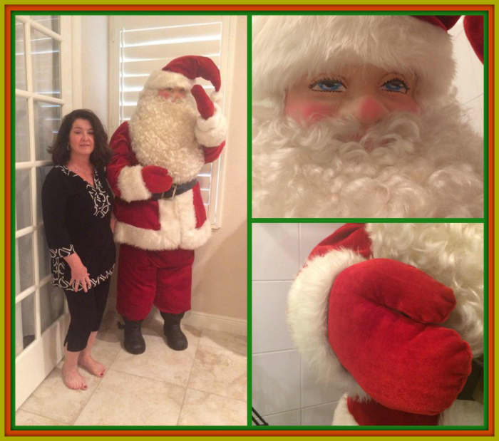 Here is Paula Mills beautiful Harold Gale Santa he stands about 6 1/2 feet tall or a little more. This Santa is a really great find. He even is mechanical and is in very good MINT condition. Looks to be from the late 1950s and made for a display.