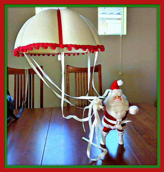 Here is Debbie Ann Symanik Souvigny amazing Harold Gale parachute and Santa, made for a department store window this lovely parachute was on display with its matching Santa for a magical 1960s Christmas diorama.