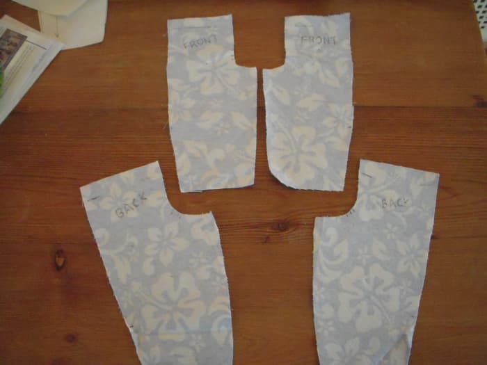 Two pattern pieces result in four pieces of cut fabric: two fronts and two backs.