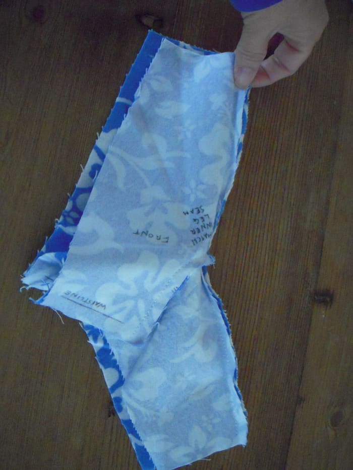 Bring the inside leg seams together, and the waistbands together.
