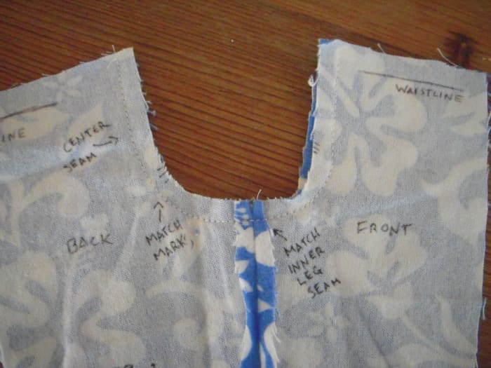 Alert! The center seam is NOT the pant inseam. It's the crotch seam and runs from front-to-back of the pants. You'll need to manipulate what you've sewn so that the pieces are where they are supposed to be, and what you've sewn look like pants.