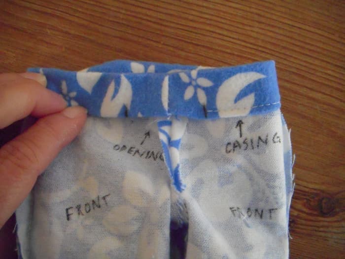 Casing is made by turning under 1" at waistline. The raw edge is turned under 1/4". Press before sewing. Leave an opening to insert elastic band.