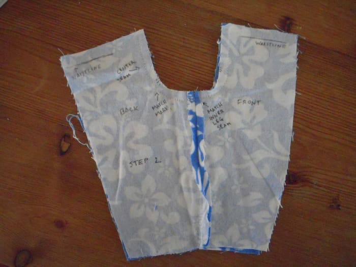 Match up markings and inner leg seam. Then sew the U-shaped center seam.