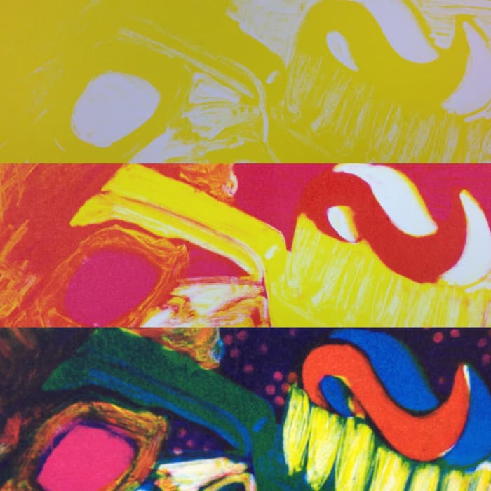 The three levels show the yellow layer, which was then covered by the magenta layer and finished with the cyan.