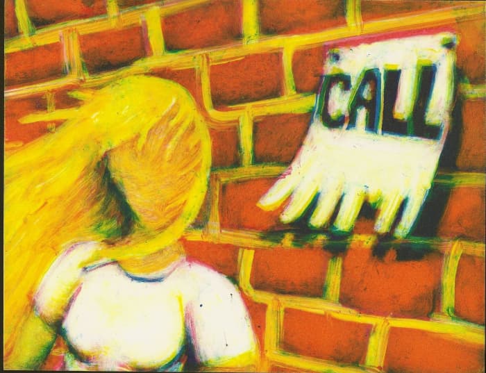 "Call Girl": This is one of my favorite monoprints that I have made because I like the play on words and how the t-shirt and bricks turned out. Making the word "Call" was hard.