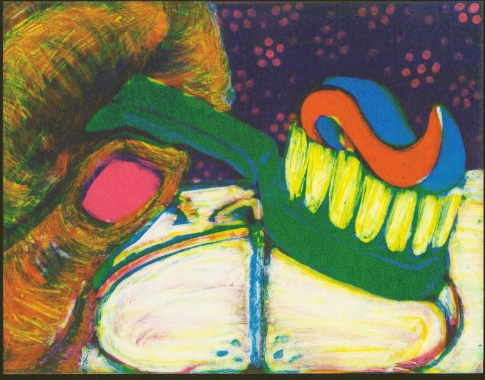 "Brush Your Teeth": This was the first process monoprint I made. I thought that the blue would be darker to shape the toothbrush, but I really needed some magenta to help bring contrast into that area.