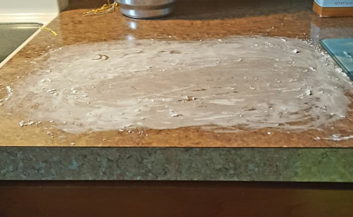 Sprinkle your work area with cornstarch. My son had fun with this step. This is a messy, fun project!