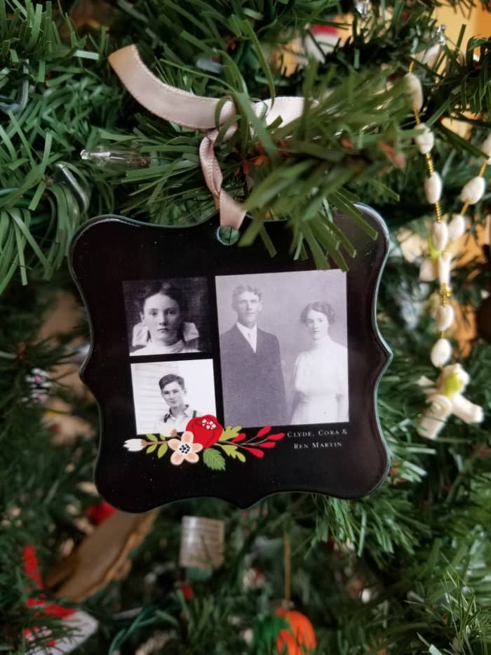 Why not feature your ancestors on an ornament? This ornament, made using Shutterfly, has a collage of my father and his parents.