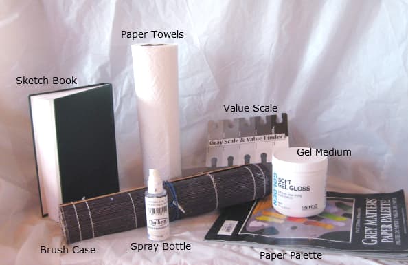 Gift ideas for painters: sketchbook, brush holder, paper towel rolls, water sprayer, value finder, acrylic medium, and disposable paper palette.