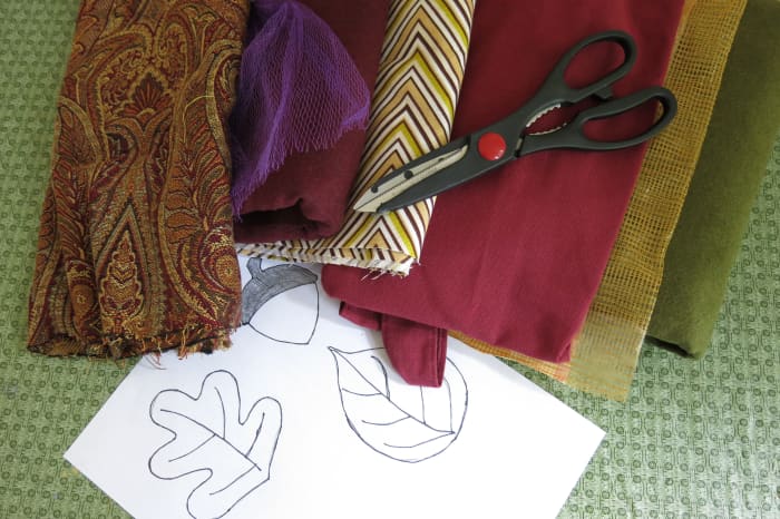 These are the materials you will need to make scrap fabric fall leaves and the cute little acorn.