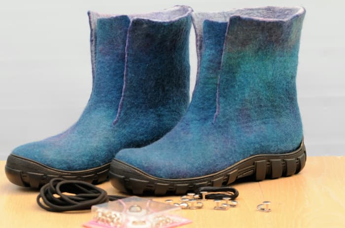 Wet Felted Boots ready to be glued and stitched with Eyelets, Speed Laces and Laces waiting to be attached