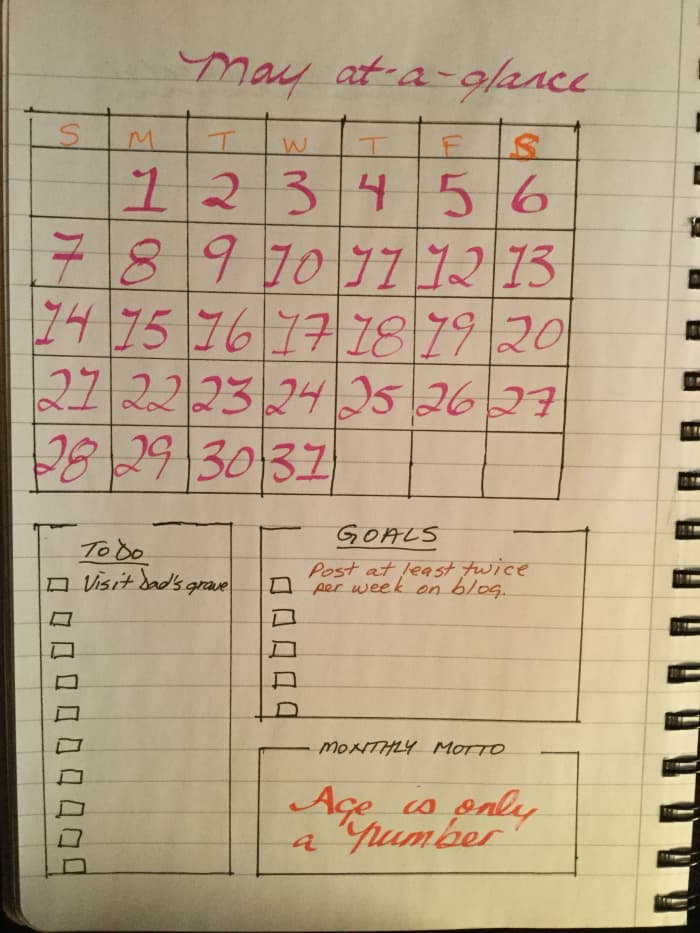 Month at a glance—my calendar for May, plus a to-do list, goals, and my motto of the month.