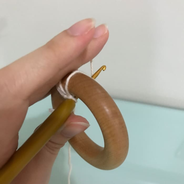 Insert the hook through the ring again for the next stitch. Yarn over and pull through the ring, lifting up the hook again for the next stitch.