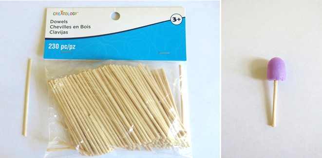 I was able to find this package of small dowels at the craft store, but a round toothpick would also work just as well.