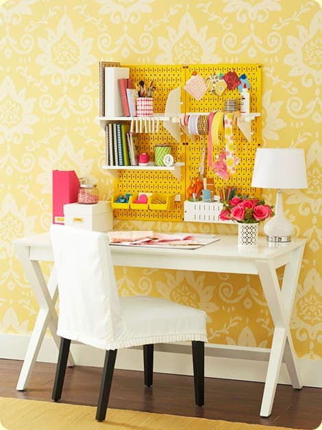 Peg boards are a great storage device for any number of supplies. This one is designed for smaller supplies but larger boards will accommodate larger supplies.