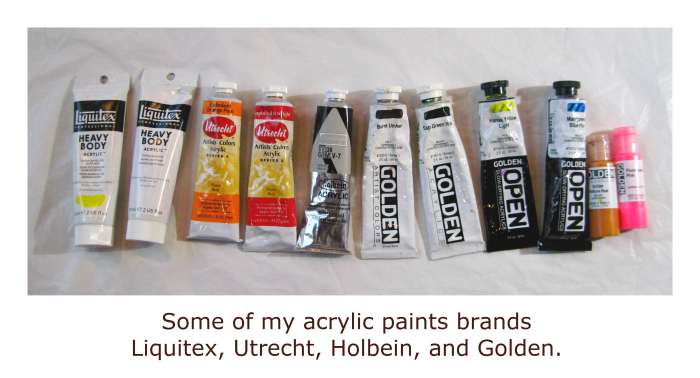 Some of the tubes of acrylic paint that I use on a regular basis.