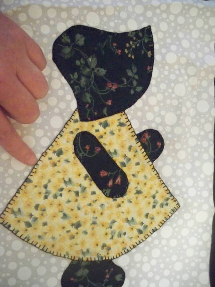 You can see I have finished the applique on this block and my stitches are neat and uniform for the most part.