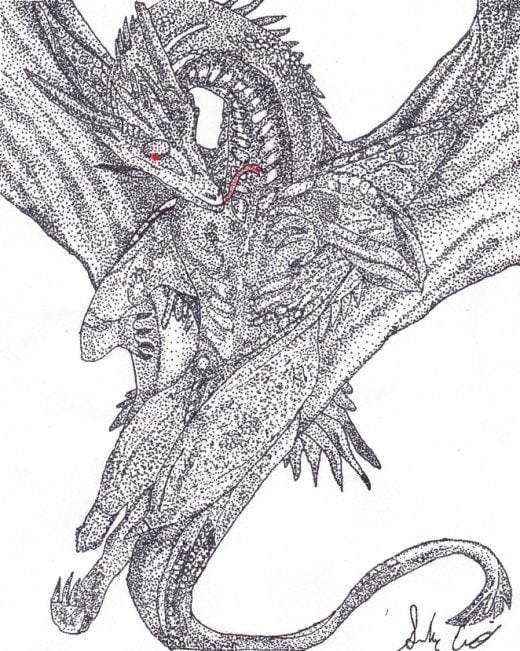 This is my latest pointillized piece, using mainly black with a tiny amount of red to bring out the eyes and tongue.