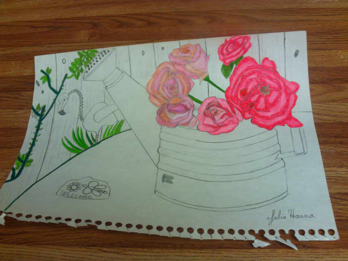 I am beginning to color in the rose bush behind the watering can, from which we can imagine the roses have been cut.