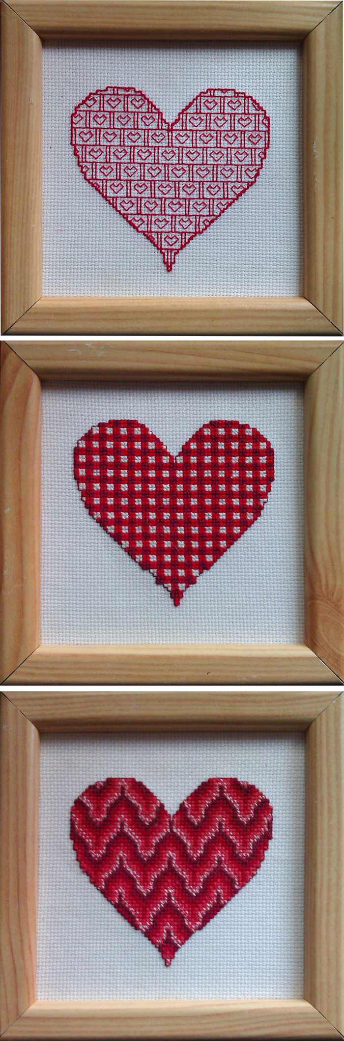 This is a set of three Valentine's heart cross-stitch patterns that I created (all free).