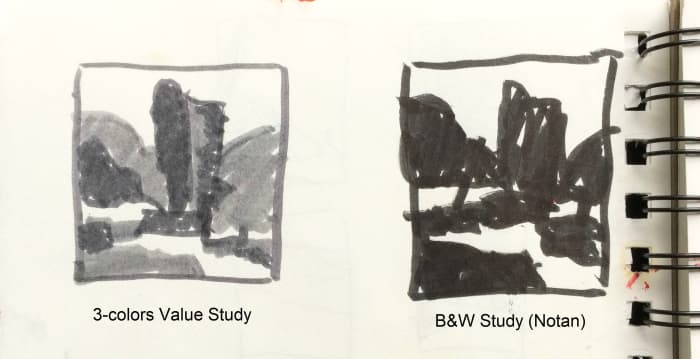 Two studies that I did before starting the painting "Hopes and Smiles" below. Planning the light and the dark shapes really helped me.