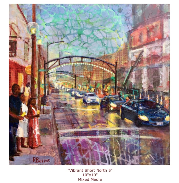 For this painting, I looked at a reference photo, but I took the liberty of changing the colors. The vanishing point is at the end of the street, and the roofs point to it, but the verticals stay vertical.