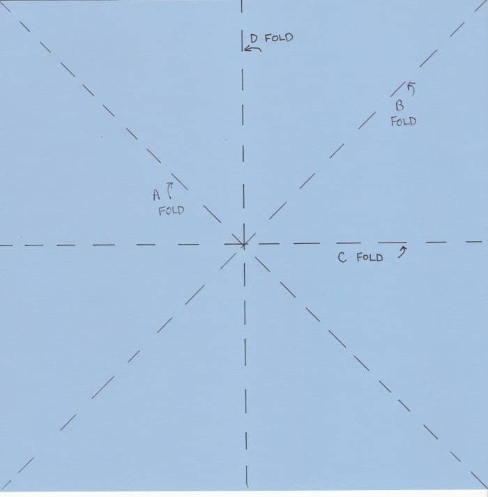 Fold paper in half, unfold along C line. Then turn the paper a quarter turn and fold and unfold again along D line.