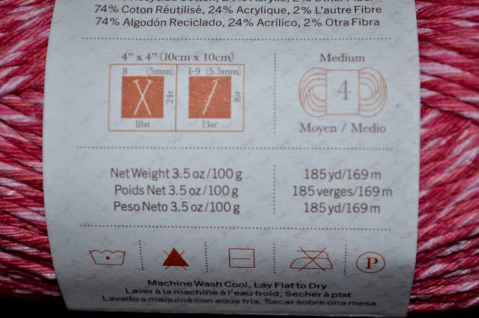 This particular yarn is a medium weight (#4) yarn and the recommended hook is an I hook also known as a 5.5 mm hook