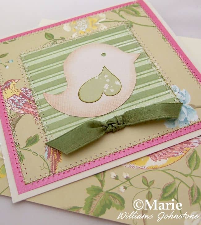 Here's a whimsical spring bird design on a handmade card in greens and pink. You can use this template for fabric and paper crafts!
