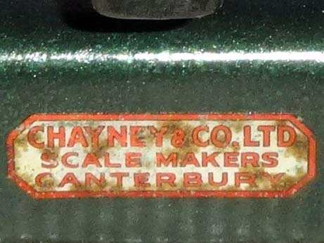 Manufacturers Label on side of scales (Chayney & Co Ltd, Scale Makers, Canterbury).