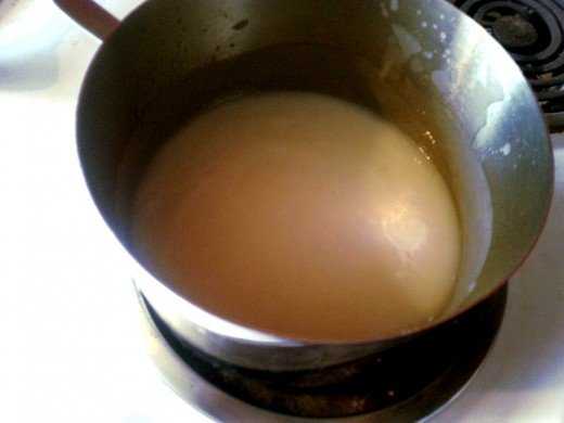 This soap has reached trace. It is about the consistency of thin cake batter. Fragrance and color can now be added, and the soap will be ready to pour.