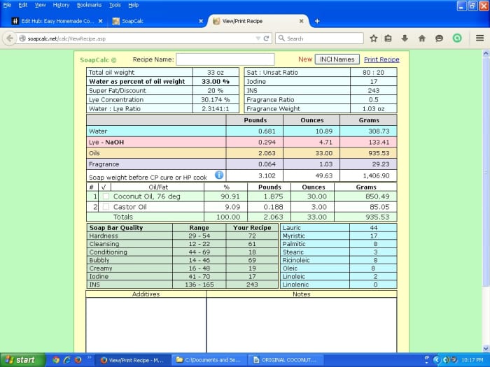 This is a screenshot of the above recipe from SoapCalc, a popular online lye calculator.