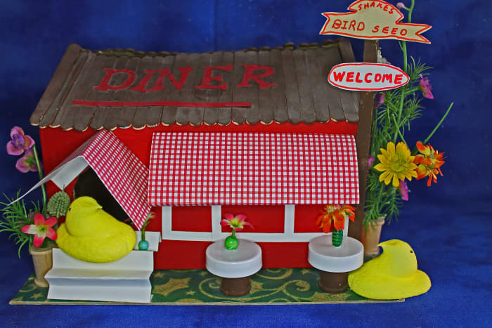 Peeps Diner: We used spools, beads, bottle caps, and small silk flowers for the props in the diorama.
