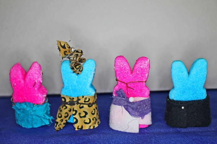 If you aren't going to photograph the back of the Peeps for your diorama, you can just pin and tie clothing on.