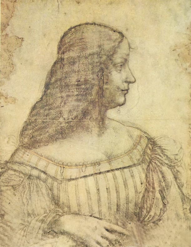 Presumed study of Isabella d'este by Leonardo da Vinci in black chalk and white on brown paper