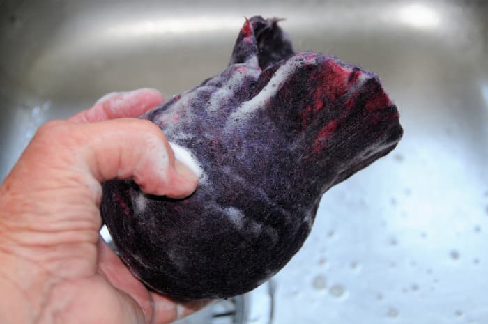 The Shrunken Purse with the Large Ball Inside: The fibre around the opening has been left deliberately so that the large ball can easily be removed.
