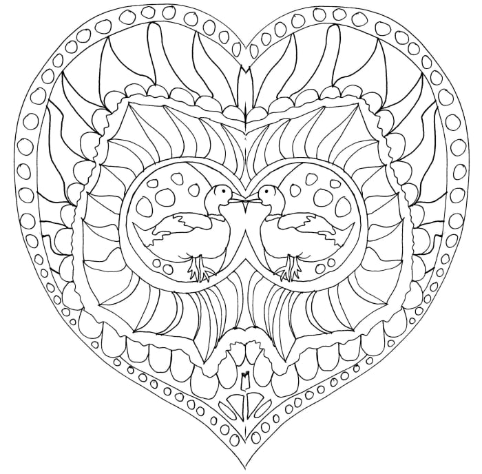 This mandala-inspired coloring page features two ducks at the center of a heart design.