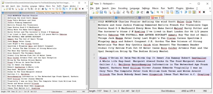 Author/Title data from books (left) in left-right order, and concatenated for entry into metadata (right).