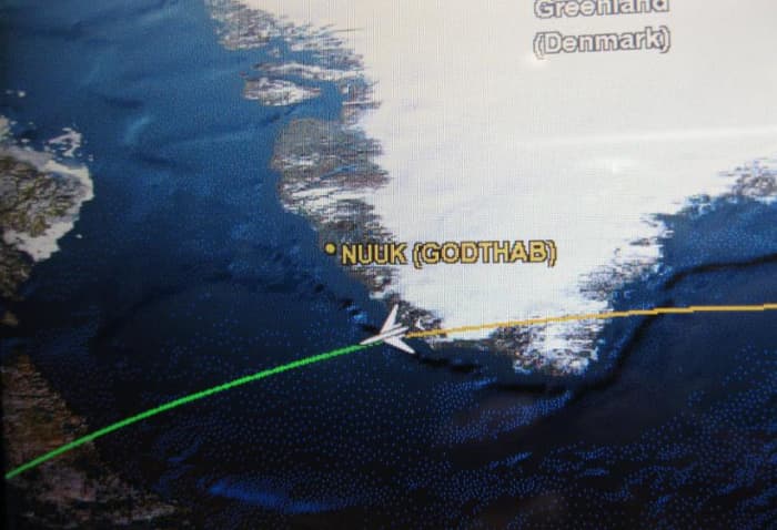 Delta Airlines video map showing path of our flight over the southern tip of Greenland.