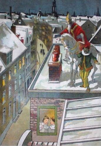 In this painting, Saint Nicholas is seen dropping gifts down a chimney with Zwarte Piet, the Dutch version of Père Fouettard.