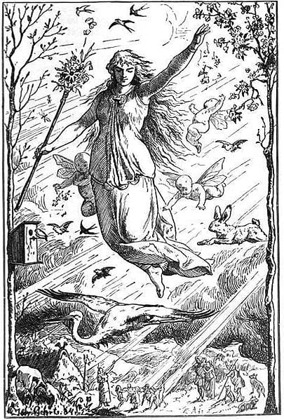 "Ostara" (1901) by Johannes Gehrts—the Germanic goddess Oestre/Ostara flies through the heavens surrounded by Roman-inspired putti, beams of light, and animals.
