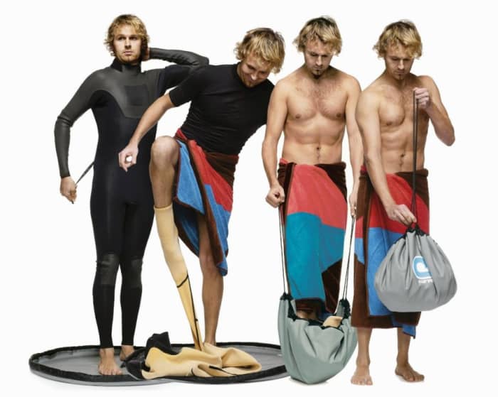 This clever changing mat will keep his wetsuit clean and his car trunk dry, because it doubles as a waterproof bag.
