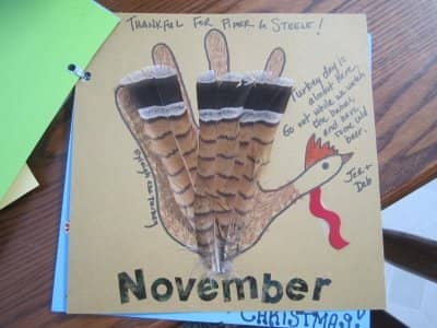 November is Thanksgiving month -- a time to be particularly thankful. 11-year-old Ryleigh used her hand to outline the turkey.