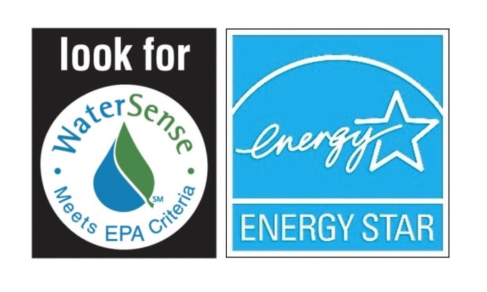 The Water Sense logo on the left and Energy Star logo on the right are symbols developed by the US Environmental Protection Agency to designate ultra-efficient appliances that conserve water and energy.