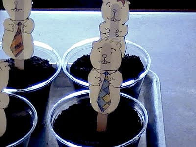 Cute pictures of groundhogs are glued to sticks and stuck into individual cups of Dirt Pie (idea from Thrilled by the Thought).