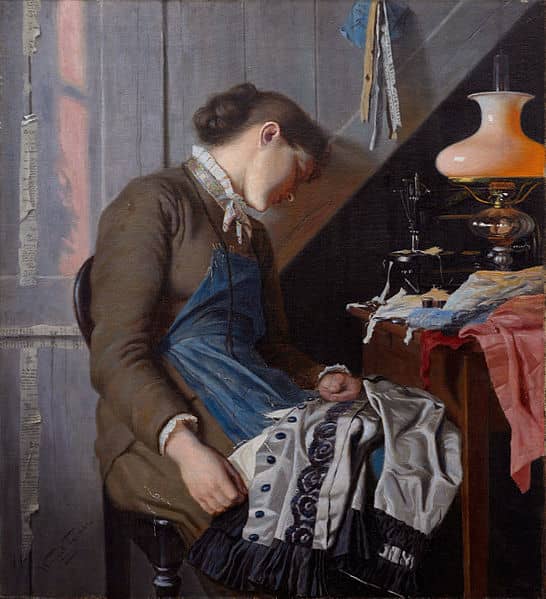Wenzel Tornøe's "Seamstress. Whit Sunday morning." Bears an eerie resemblance to a cosplayer's last-minute preparations for con.