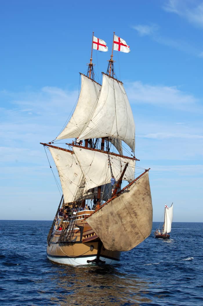 The Mayflower II is an exact replica of the original Mayflower, constructed between 1955 and 1957 in Devon, England.