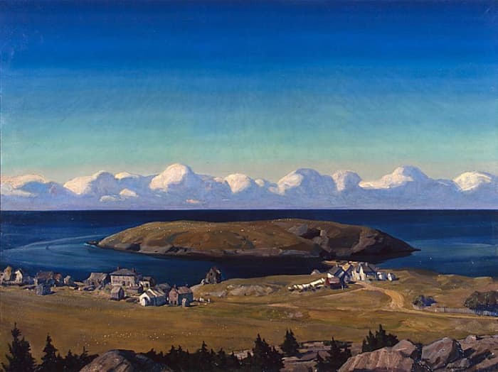 Monhegan is a rocky island with a small, natural harbor, located off the coast of Maine. Painting by Rockwell Kent
